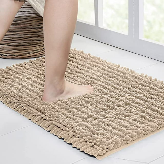 Walensee Large Bathroom Rug Non Slip Bath Mat (17x47 Inch Beige) Water Absorbent Super Soft Shaggy Chenille Machine Washable Dry Extra Thick Perfect Absorbant Best Plush Carpet for Shower Floor