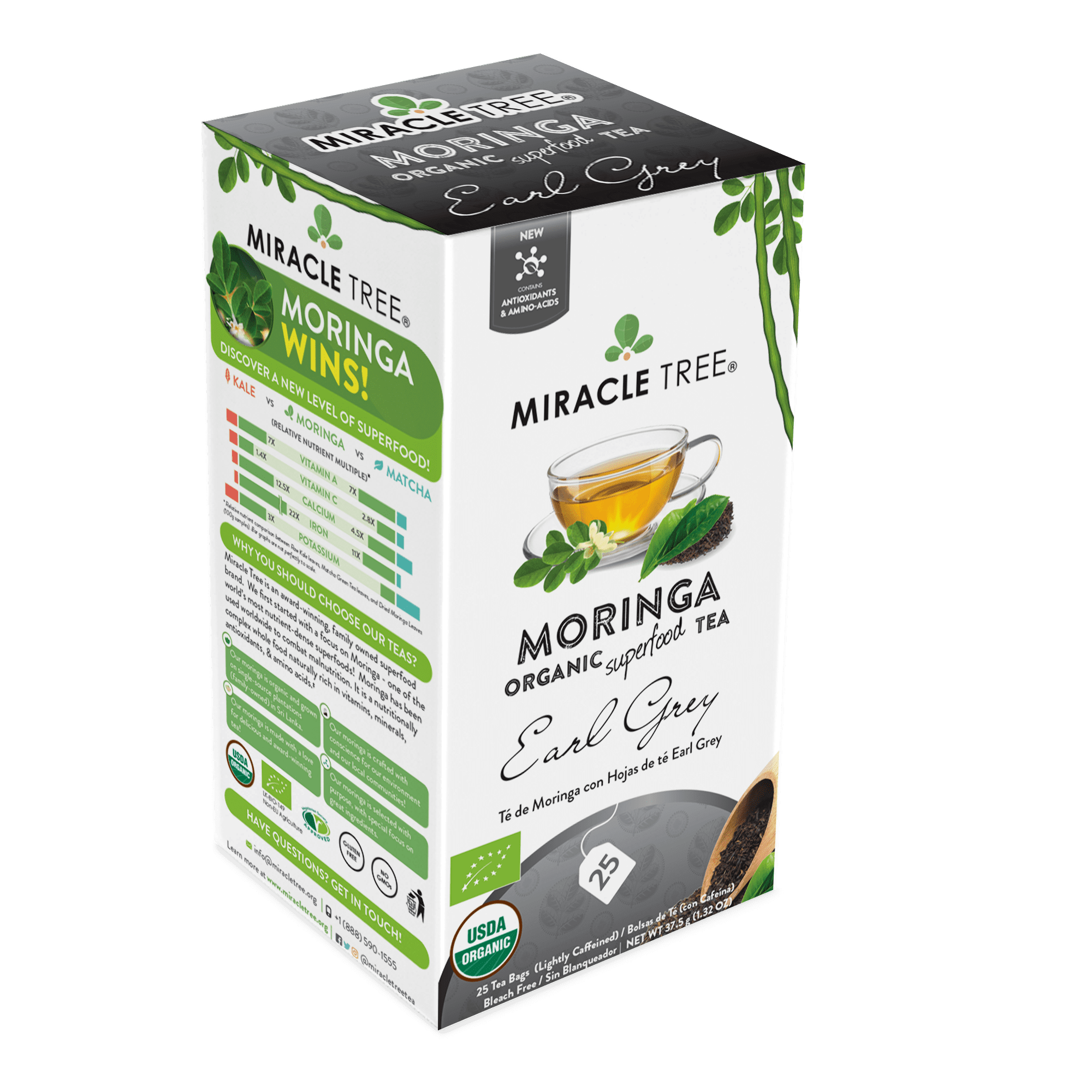 Miracle Tree Organic Moringa Earl Grey Tea Bags, 25 Count