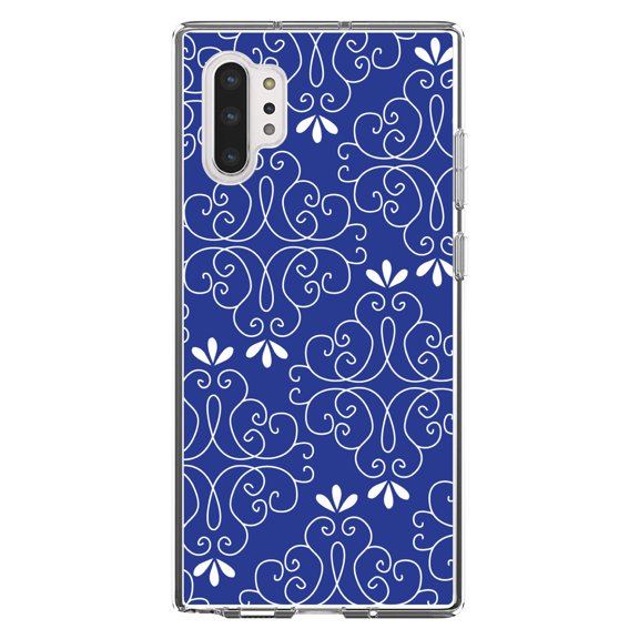 DistinctInk Clear Shockproof Hybrid Case for Galaxy Note 10 PLUS (6.8" Screen) - TPU Bumper, Acrylic Back, Tempered Glass Screen Protector - Dark Blue White Floral