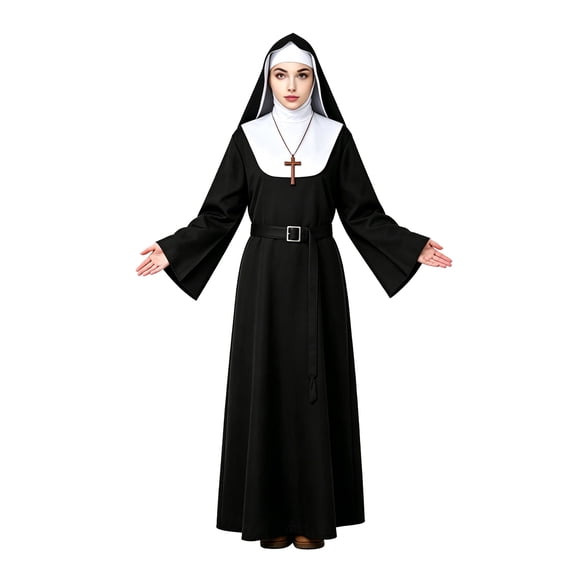 Halloween Cosplay Costume Deluxe Gothic Nun Sister Headpiece Long Robe Set for Women Gir'ls Novelty Halloween Stage Performance Masquerade Birthday Gift Christmas Roleplay Apparel Clothes