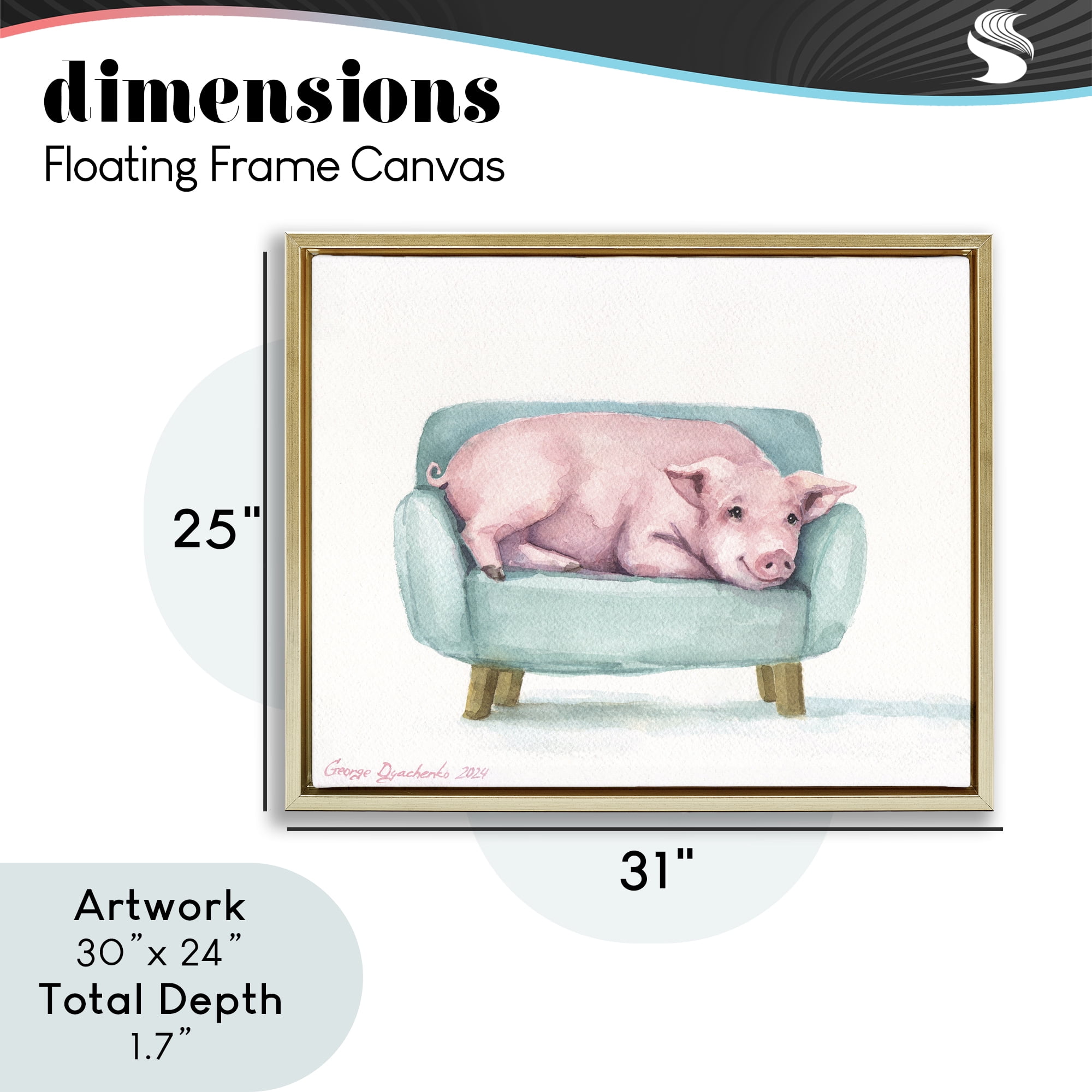Stupell Industries Cute Piglet on Armchair Gold Framed Floater Canvas Wall Art, design by George Dyachenko