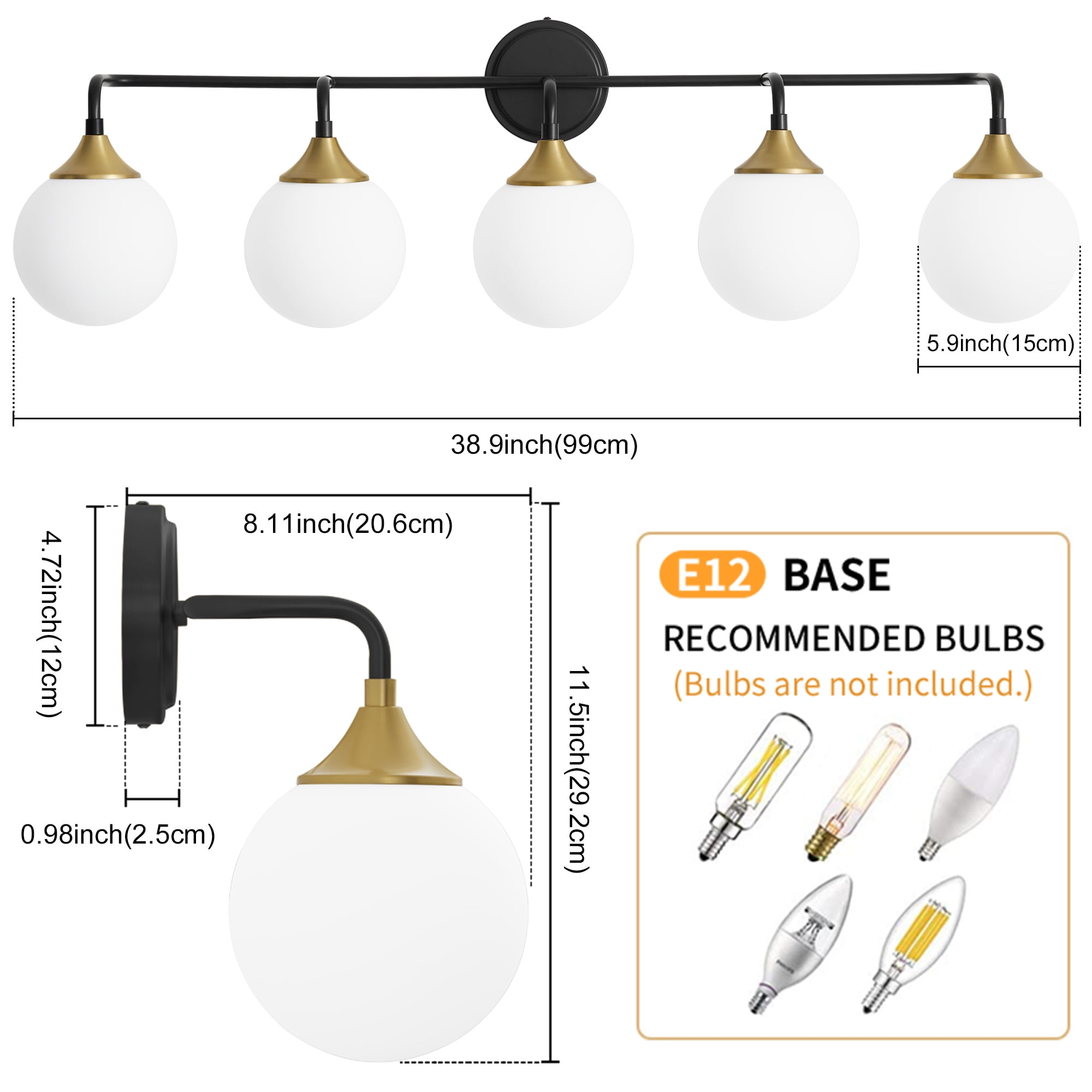 Deyidn 5-Light Black and Gold Modern Vanity Light, 39 Inch Dimmable Bathroom Light Fixture with Opal Glass Globes for Mirror
