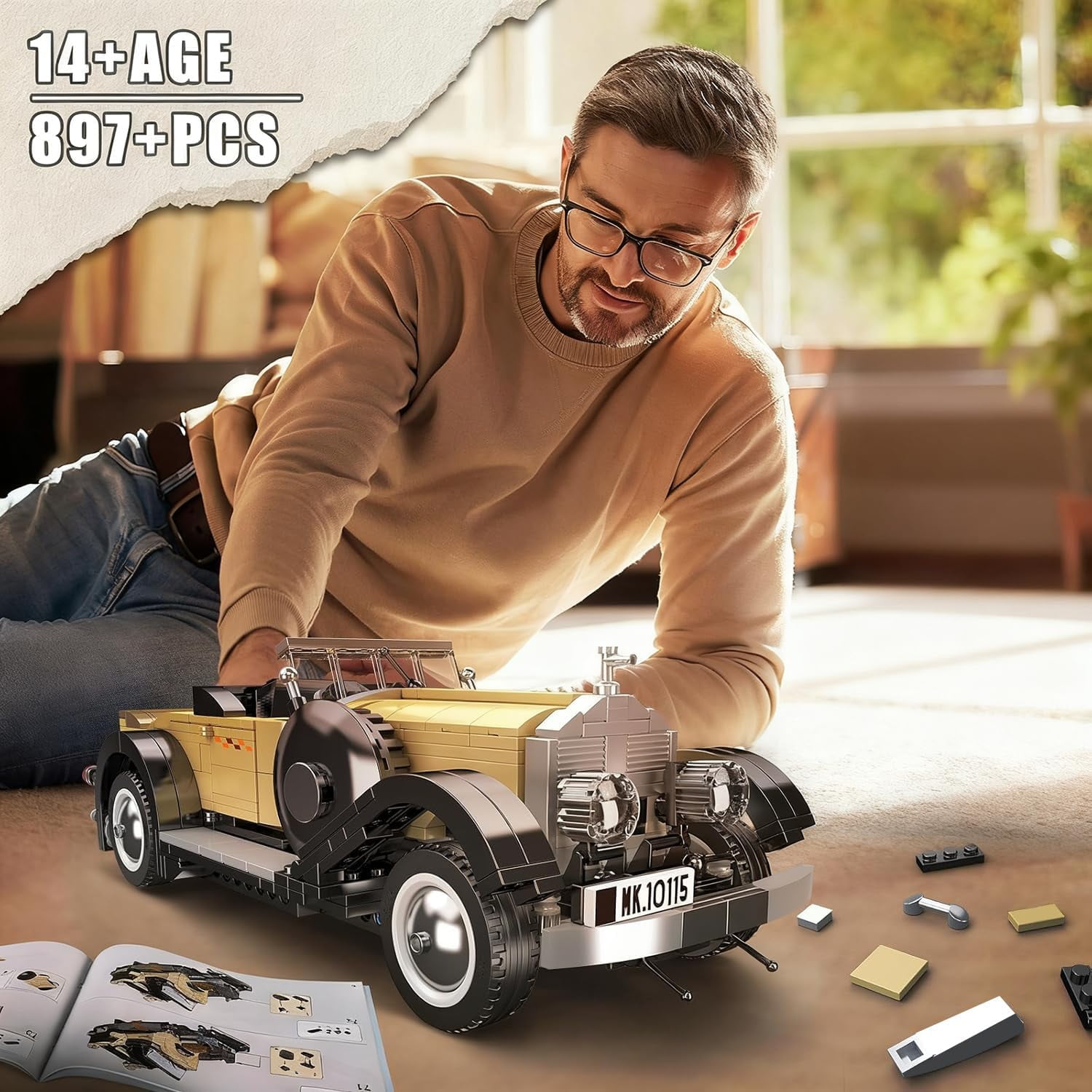 Classic Cars Building Kits, MOC Vintage Car Model Building Blocks Set, Gift for Age 14+/Adult Collections Enthusiasts(897+ Pieces, Static Version)