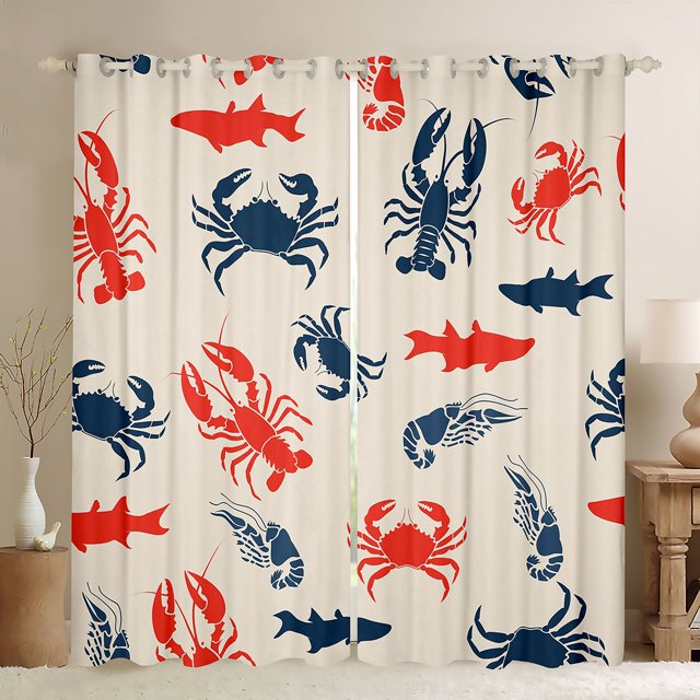 YST Rideaux Animaux Marins 42"Lx84"H Crabe Homard Rideaux Occultants pour Adolescents Garçons Requin Poisson Crevette Fond Rétro Rideaux & Draperies Bleu Rouge Vie Océanique Rideaux de Fenêtre