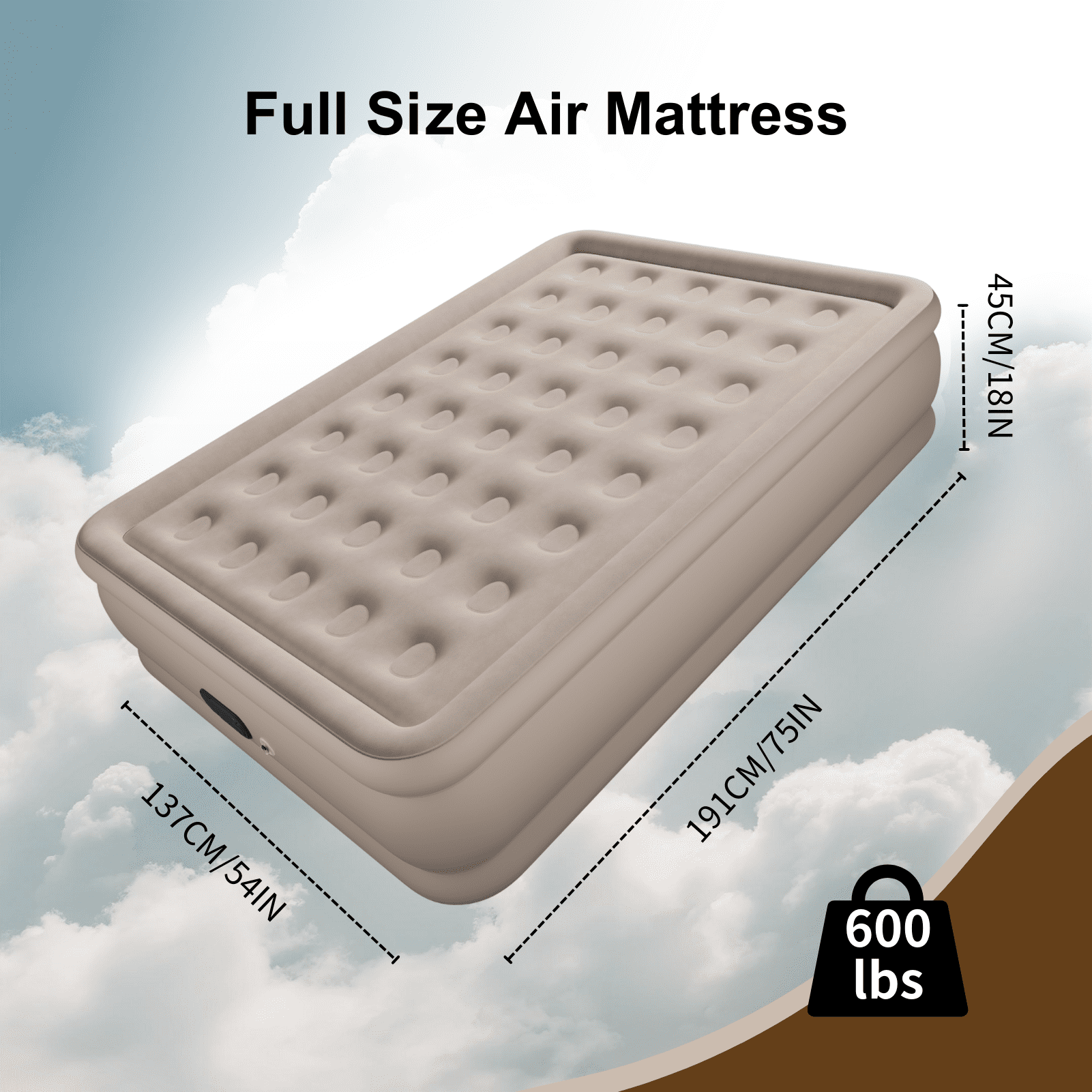 Full Air Mattress with Built-in Pump - 18" Extra Thick Inflatable Bed for Camping & Home,Khaki,3-Min Self Inflating with Carrying Bag.