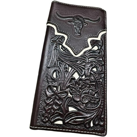 Mens Long Wallet Floral Embossed Longhorn Leather Coffee White Soft Leather Checkbook Style Cowboy Hand Crafted High End Mens Wallets
