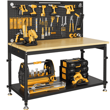 48"Multifunctional Workbench with Pegboard, CAMMOO Heavy Duty Work Bench for Garage, Adjustable Height Worktable 2000LBS Load with Storage Shelf,LED Light, Built-in Power Strip