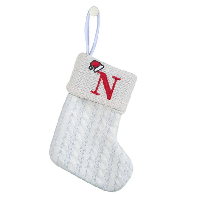 N Alphabet Embroidered Knit Christmas Sock With Medium Thickness And Polyester Material For Kids Candy Storage And Festive Home Decor, 7.1X5.9In 0.22Lb