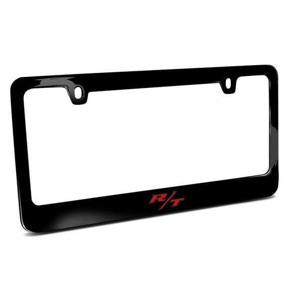 Dodge R/T Logo in 3D Dark Gray w/ Red Letters on Black Metal License Plate Frame