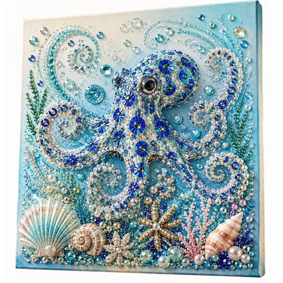 Ocean Theme Pearl Art DIY Kit, 3D Sparkling Coastal Wall Decor,3D Octopus Diamond Painting Craft, Sea Themed Artwork Set for Adults & Beginners, Ocean Lover Gift