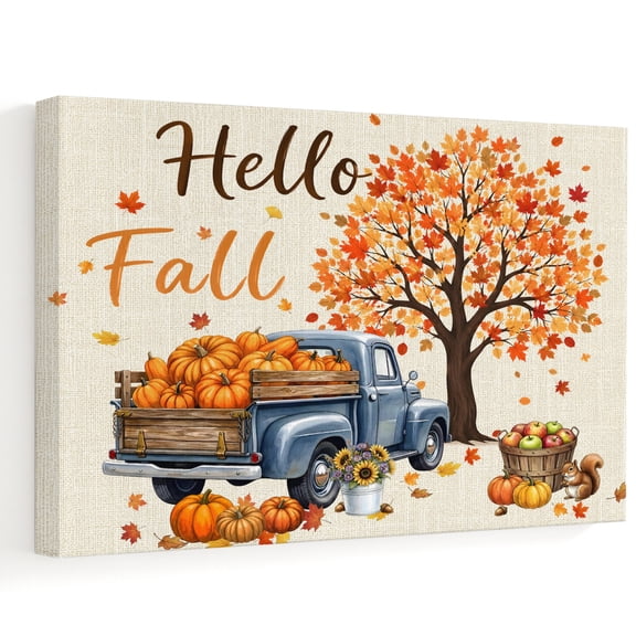 Hello Fall Thanksgiving Canvas Wall Art, Rustic Harvest Blue Truck Orange Pumpkin Wall Art Prints Artwork Framed Canvas Ready to Hang Art Pictures for Bathroom Nightstand, Narrow Hallway 14" x 11"