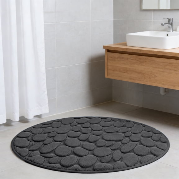 Btomtd Round Memory Foam Bath Mat with Cobblestone Look, Super Absorbent Bathroom Rugs, Machine Washable Door Mat for Shower, 31.5 x 31.5 Inches, Black