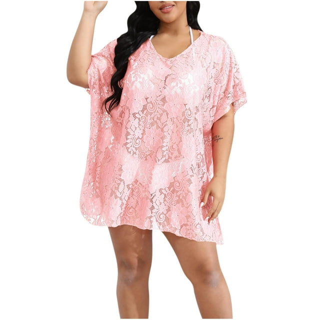 Besolor Paréos pour Femmes Grande Taille en Dentelle Florale à Manches Courtes Ajourées, Robe Courte de Plage d'Été pour Maillot de Bain