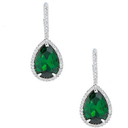 Pori Jewelers Emerald CZ Crystal 18kt White Gold-Plated Sterling Silver Teardrop Earrings