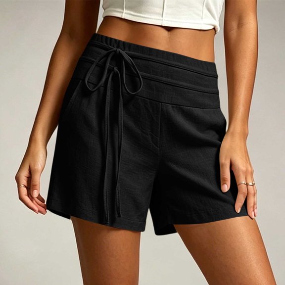 GERsome Shorts for Women Wide Leg Side Lace-Up Waist Summer Vacation Lounge Shorts with Pockets Black Size XL