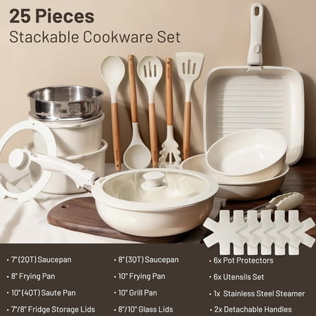 Ceramic Cookware Set Non Stick Pots and Pans Detachable Handle 25 Pack Stackable Cooking Set for RV Kitchen Induction Ready Dishwasher Oven Safe