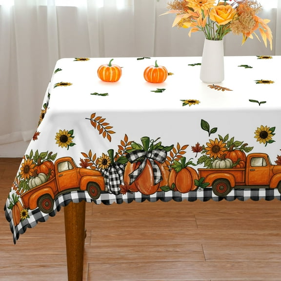 YIBAGA Fall Tablecloth, Thanksgiving Pumpkins ‌Trucks Buffalo Plaid Home Decor, 60 x 84 inch, Polyester