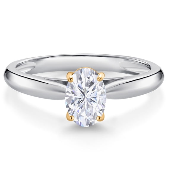 Gem Stone King 10K White and Yellow Gold White Moissanite Solitaire Engagement Ring for Women (0.90 Cttw, Oval 7X5MM, Gemstone Birthstone, Size 5)
