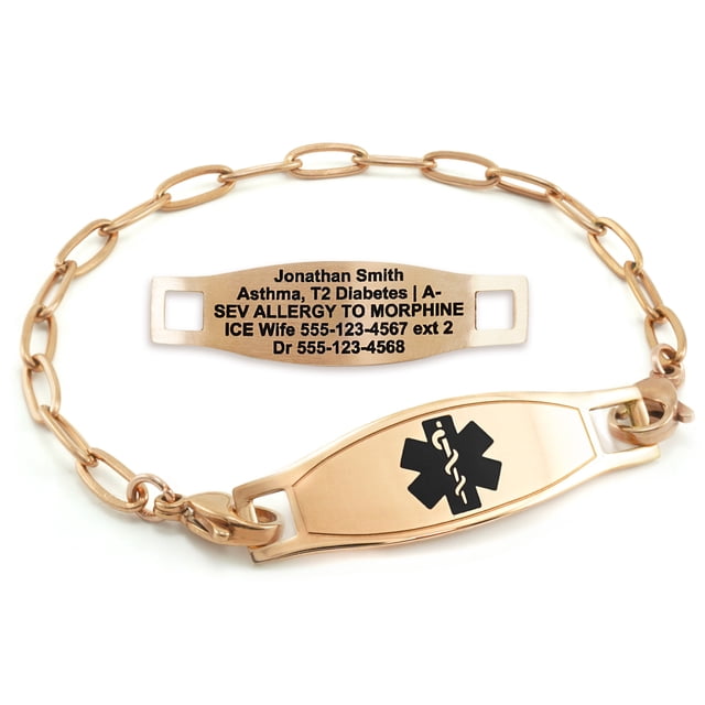 MedicEngraved Rose Gold Stainless Steel Custom Medical Alert Bracelet - 4mm Paperclip Link