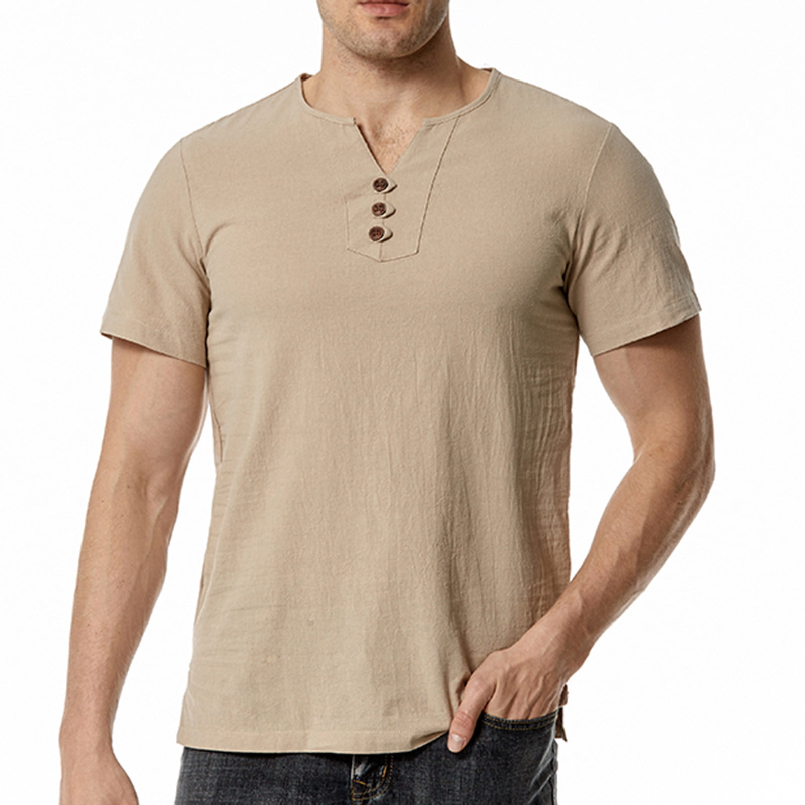 Men Casual Solid Patchwork Button Stand Collar Shorts Sleeves T Shirt  Blouse Spring Deals 2024 SMihono V-Neck Tees Tops Henley Buttons Shirts for  Mens Trendy White 12 