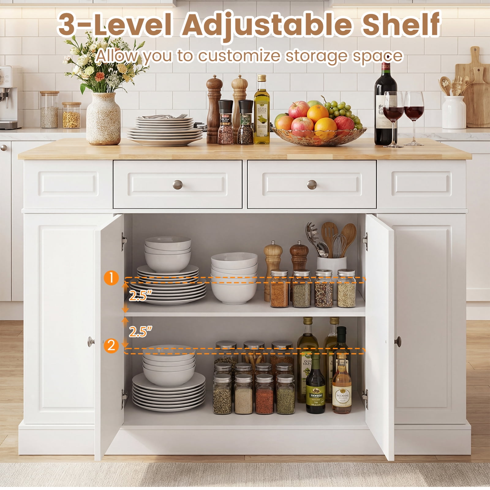 Gymax Kitchen Island Table w/ Storage Cabinet and Drop Leaf White