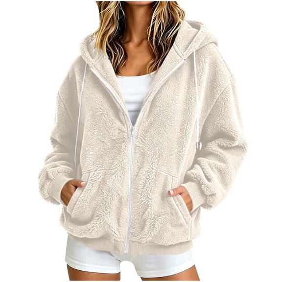 Ghalytn Women's Sherpa Fleece Zip Up Hoodie Jacket, Oversized Long Sleeve Hooded Coat with Pockets