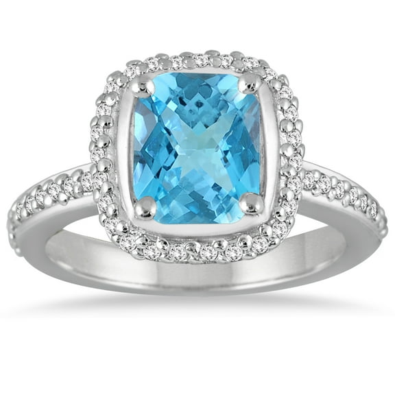 SZUL Women's Radiant Cut Blue Topaz and Diamond Ring in 14K White Gold