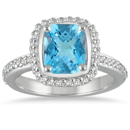- Radiant Cut Blue Topaz and Diamond Ring in 14K White Gold