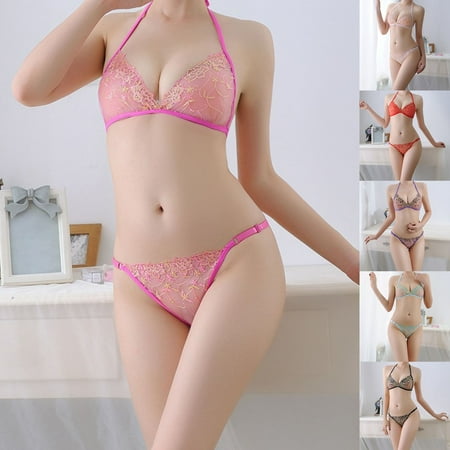 

Hopeup Embroidery Flower Thin Cup Bra Thong Set Lace Halter Lace Up See-through Brassiere Briefs Set for Daily Wear