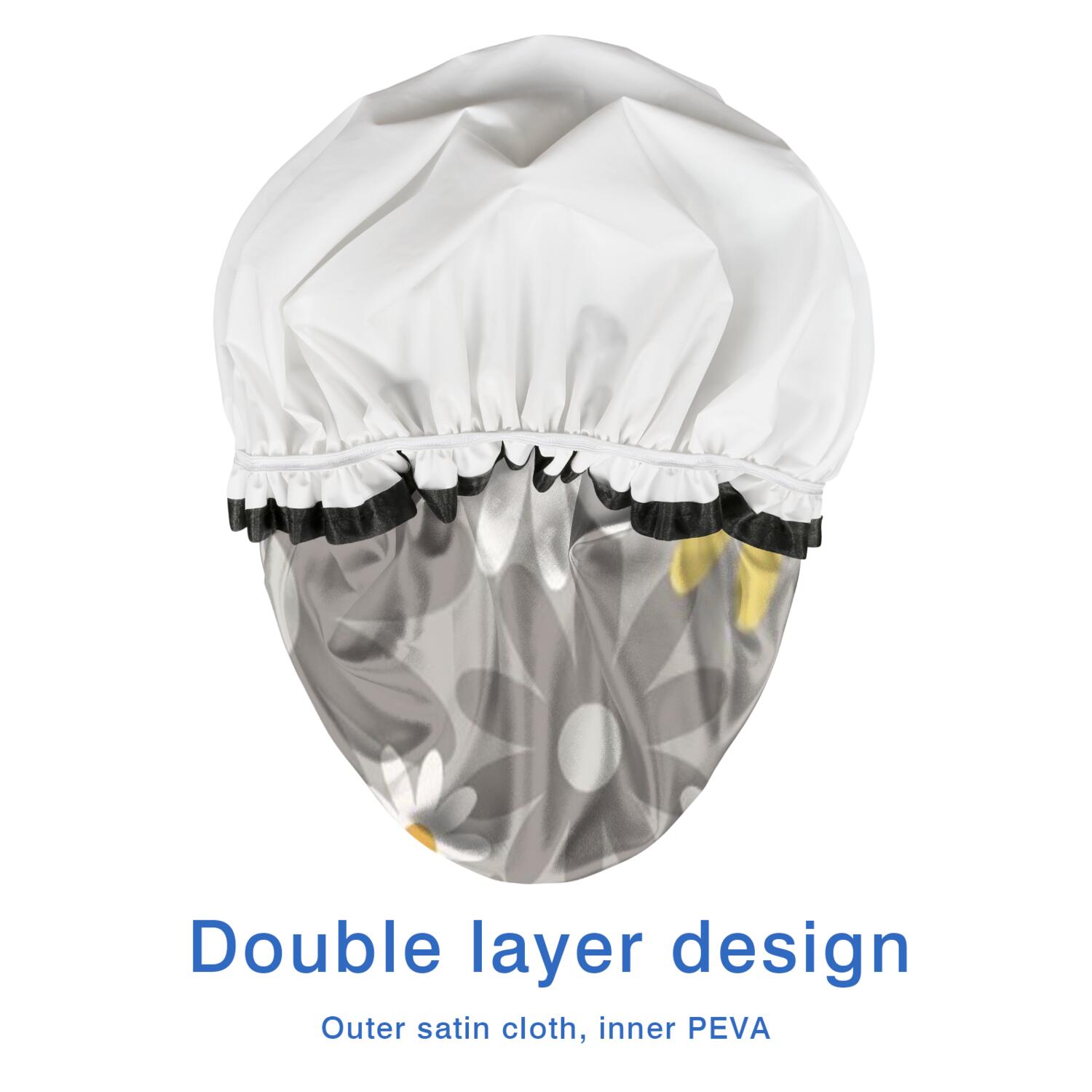 Shower Caps,Gray Daisy Flower Yellow Blooms Pattern Waterproof Shower Cap for Women 4 Pieces,Double Reusable Hair Cover for Shower PEVA Elastic Stretch Hem