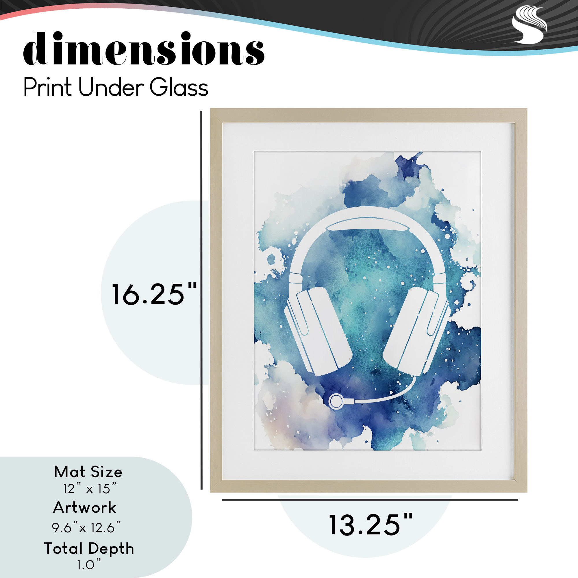 Blue Headphone Splatter Birch Framed Print Under Glass, design by Marcus Prime