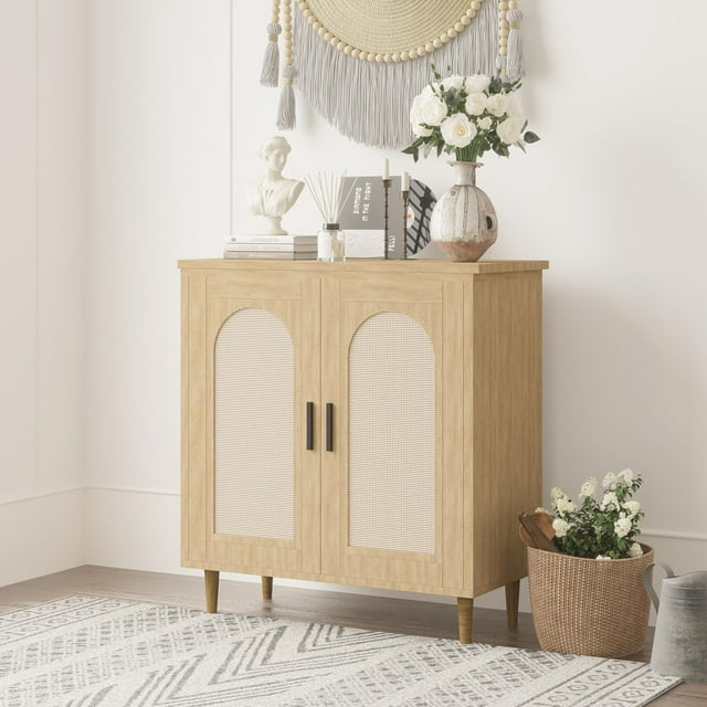 Modern Rattan Sideboard Buffet Cabinet Set of 1, Sturdy Wood Legs, Entryway Storage, Accent Wooden Console Table for Living Room, Hallway, or Kitchen, Space-Saving