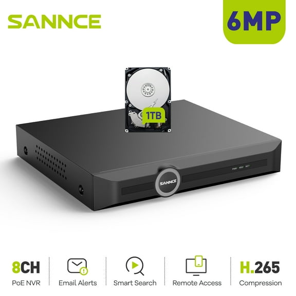 SANNCE PoE  H.265  NVR 6MP 8 Channel, 6MP CCTV Security Camera System Network Video Recorder Supports 6MP 5MP 3MP 2MP HD PoE Surveillance IP Camera, AI Human/Vehicle Detection, 1TB HDD, Remote Access