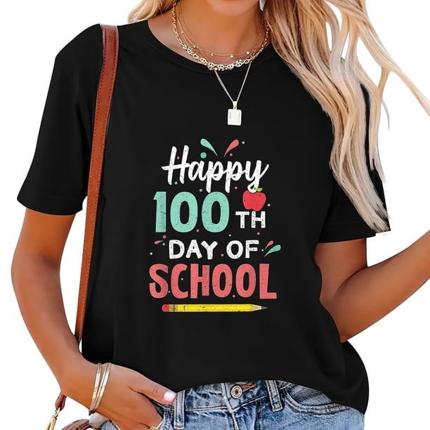 Playera de Mujer 100 Días de Escuela Feliz - Regalo para Alumnas, Maestras y Niños - Negro Talla 2XL