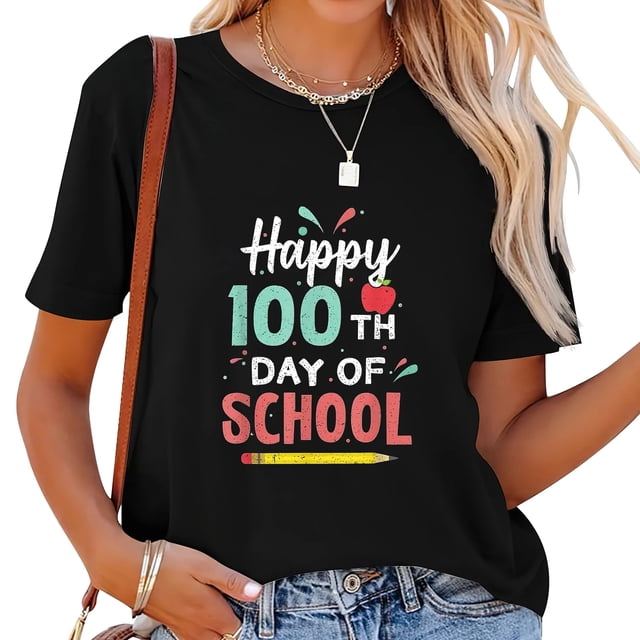 Playera de Mujer 100 Días de Escuela Feliz - Regalo para Alumnas, Maestras y Niños - Negro Talla 2XL