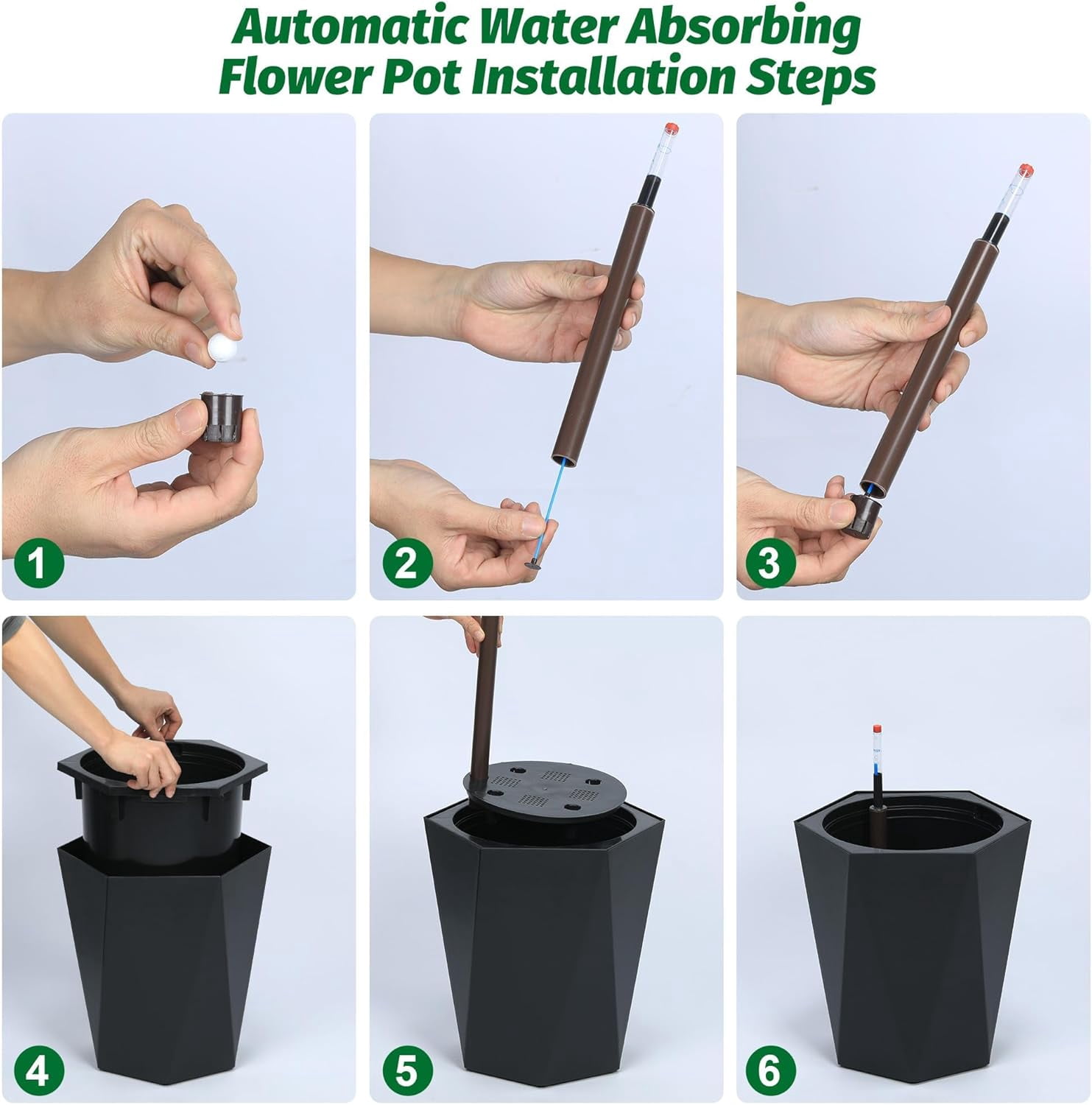 16 Inch Self-Watering Planters, Set of 2 with Water Gauge & Wheels, Smart Gardening System, Visual Water Monitor, Indoor/Outdoor Moving Flower Pots for Porch, Living Room & Office (Black)