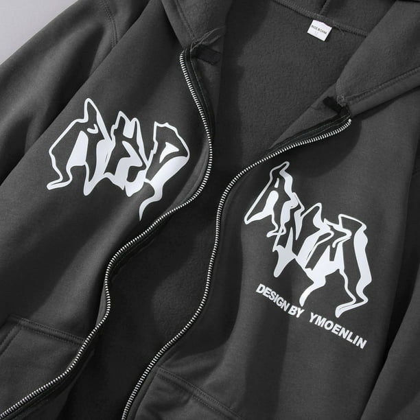 Men's Zip Up Hoodie Hop Streetwear Gothic Print Sweatshirt 90s