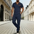 thumbnail image 2 of BLTIBY Mens Summer 2 Piece Outfits Waffle Short Sleeve V-neck Shirts and Drawstring Pants Casual Loose Beach Loungewear with Pockets Navy S, 2 of 5