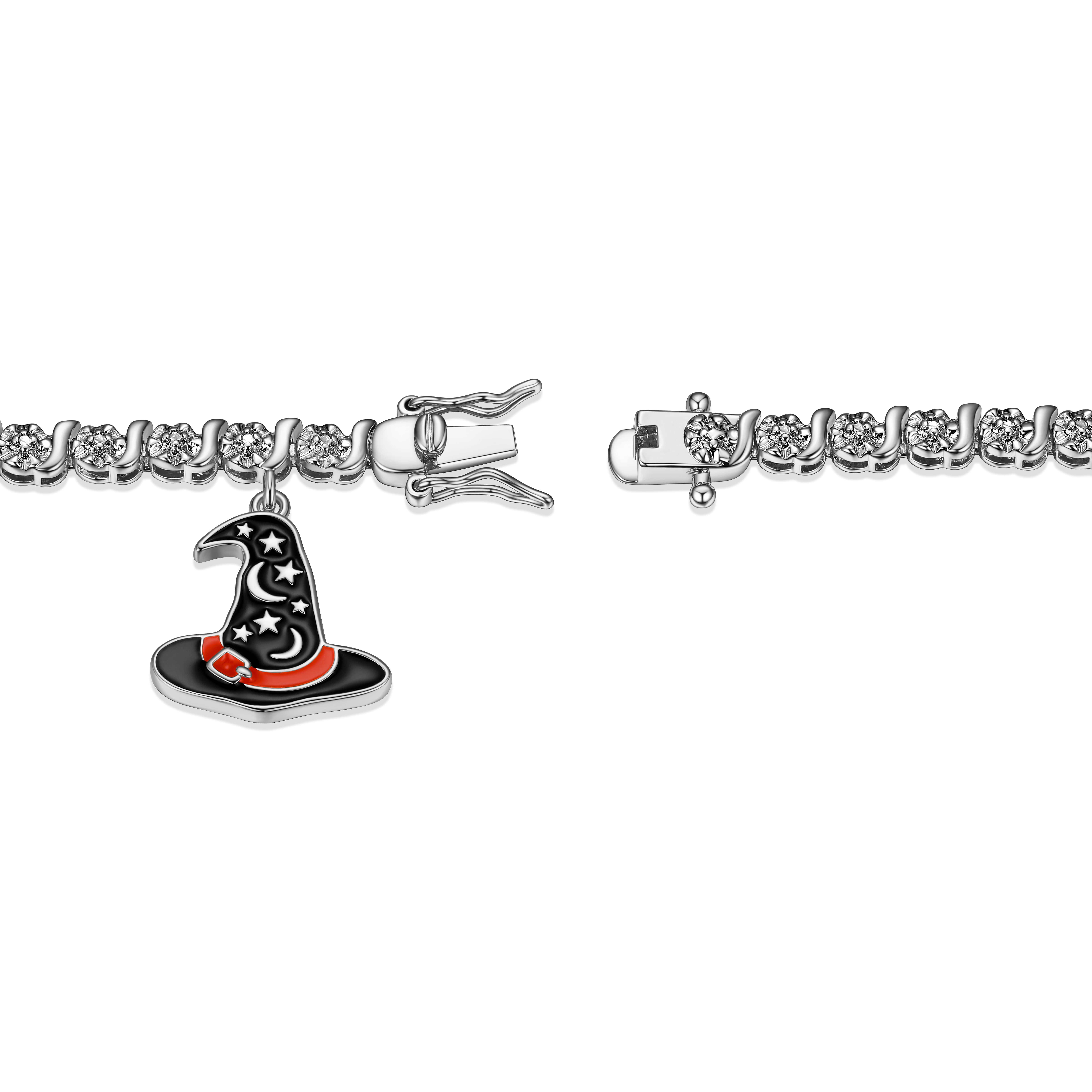 Fine Silver Plated Diamond Accent "S" Link Tennis Bracelet With Enamel Halloween Witches Hat Charm 7.25"