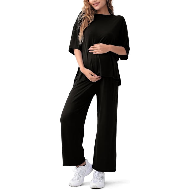 Conjunto de mernidad de 2 piezas con manga corta a juego, ajustable, pantalones largos para embarazo, verano, ropa de descanso
