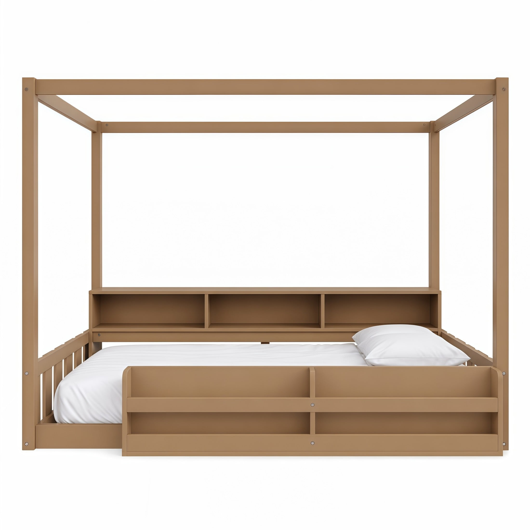 GDF Studio Misol Twin Size Montessori Canopy Floor Bed with Storage & Guardrails, Pine Wood Kids Bed Frame, Dark Brown