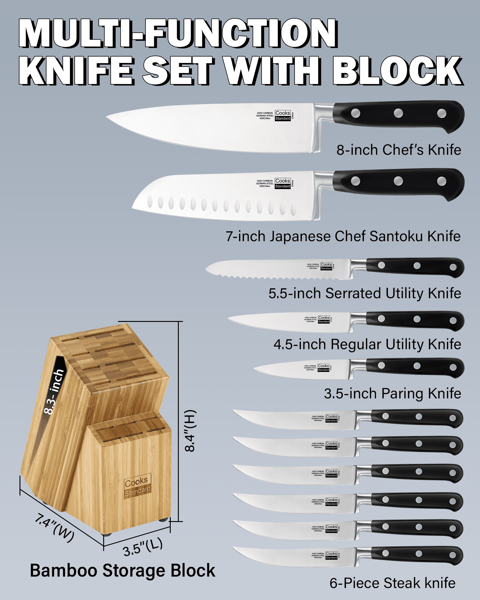 Cooks Standard 6-Piece Forge High Carbon German Blade Steel Knife Set with  Expandable bamboo block for extra slots 02742 - The Home Depot