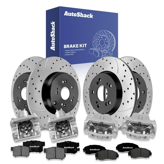 AutoShack Front Vented & Rear Solid Drilled & Slotted E-Coated Brake Rotors   Ceramic Pads   Calipers 16-PC Brake Kit Replacement for 2007-2011 Honda CR-V 2010-2012 Acura RDX ShadowGuard