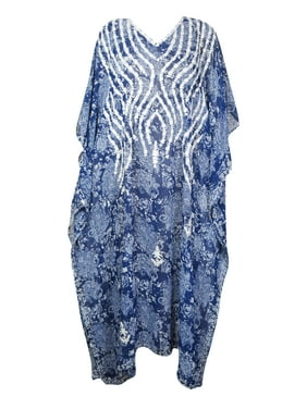 Mogul Women Kaftan Maxi Dress, Blue White Printed Summer Fashion Dress, Georgette Embroidered Resort Wear Dresses ONESIZE L/4X