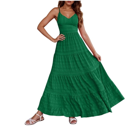 2025 Dress for Women Spaghetti Strap V Neck Boho Maxi Dress Summer Casual Sleeveless Beach Long Dresses