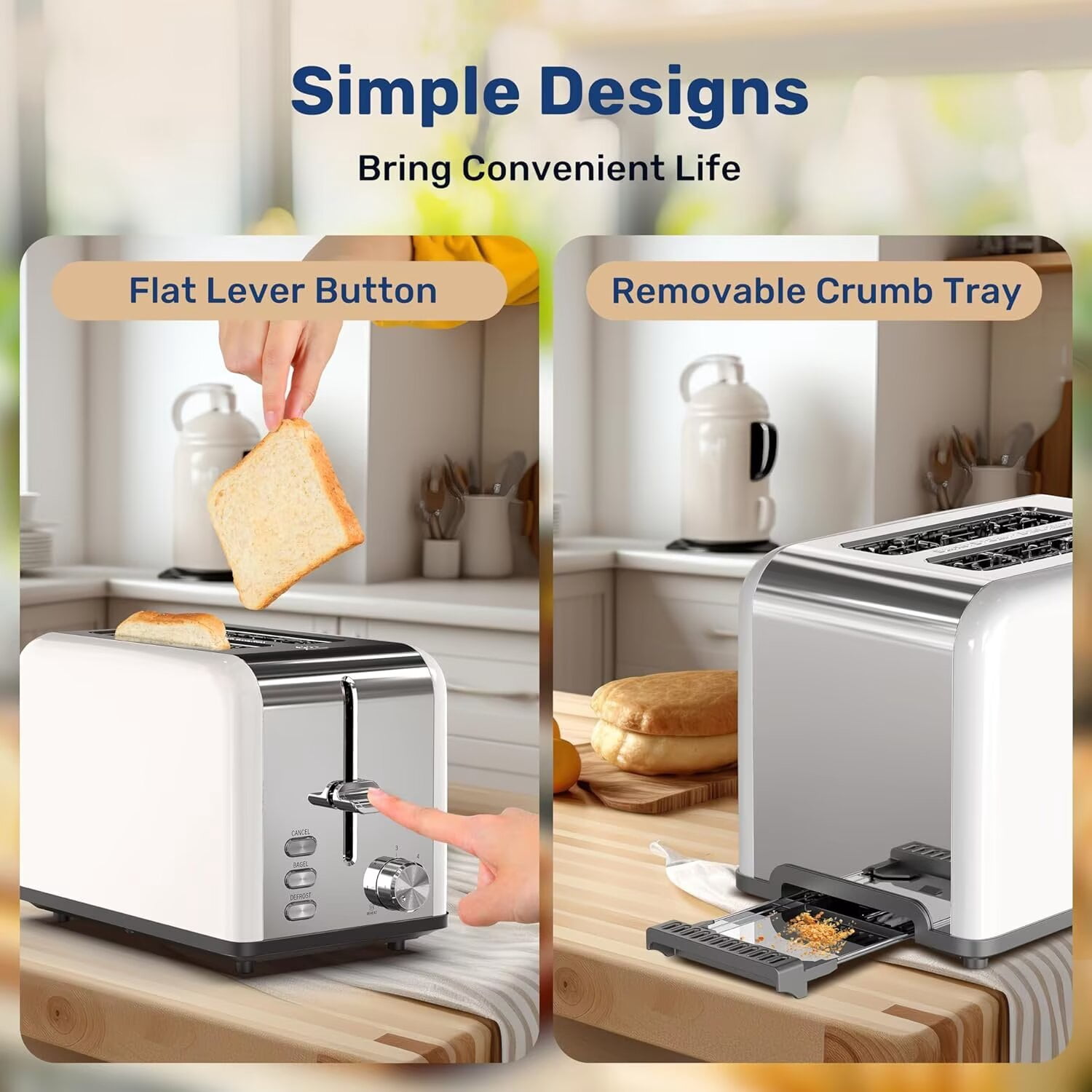 YSSOA Stainless Steel 2 Slice Toaster, 6 Browning Setting and Bagel/Defrost/Cancel Functions, Retro Compact Oven, Extra Wide Slot, Removable Crumb Tray, White