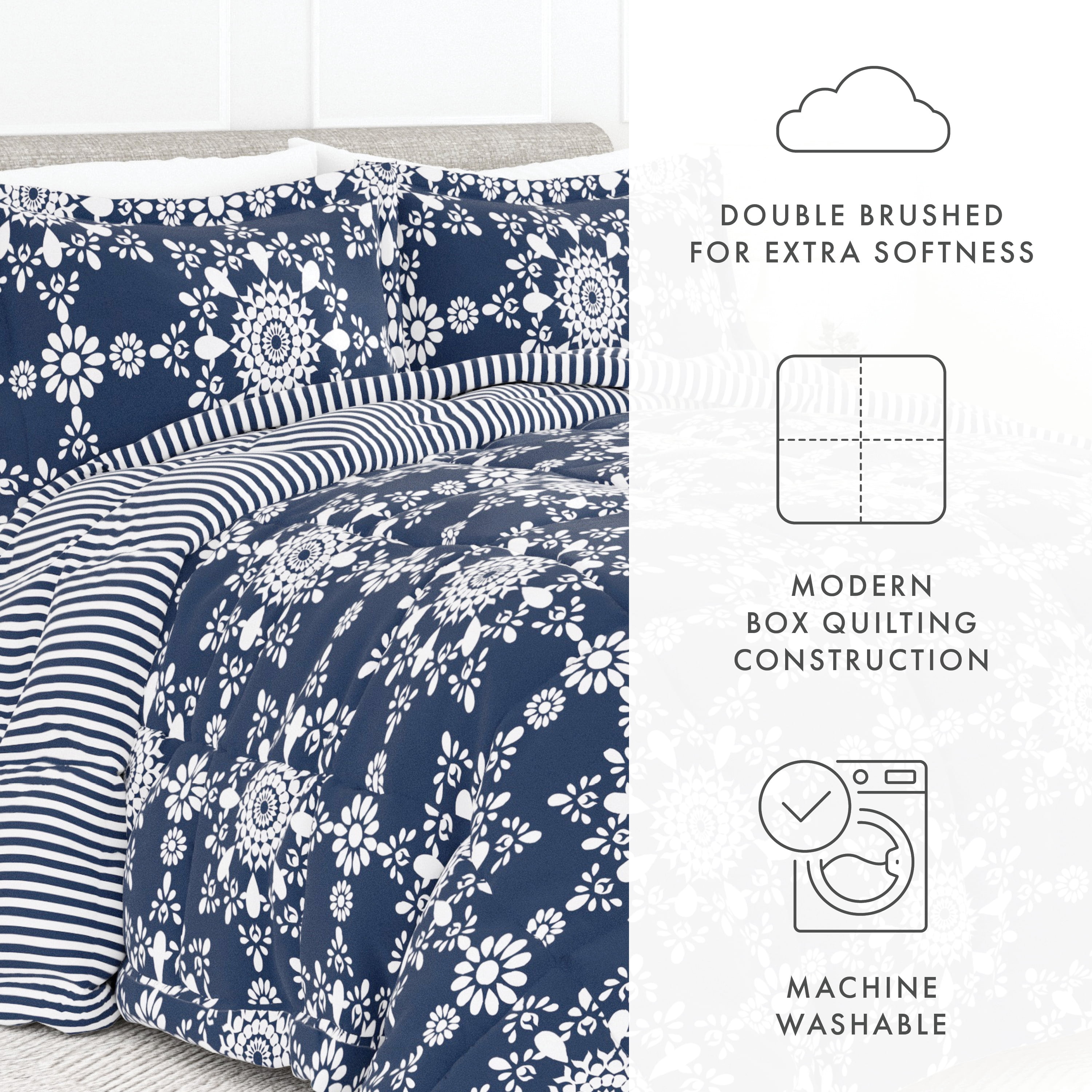 Noble Linens 3-Piece Navy Daisy Medallion Reversible Print Comforter Set, King/CalKing