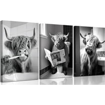 3pcs Funny Highland Cow Bathroom Canvas Wall Art Black and White Cute Cow Animal Painting Picture Wall Decor Rustic Farmhouse Cow in Toilet Poster Print Artwork for Bathroom Restroom