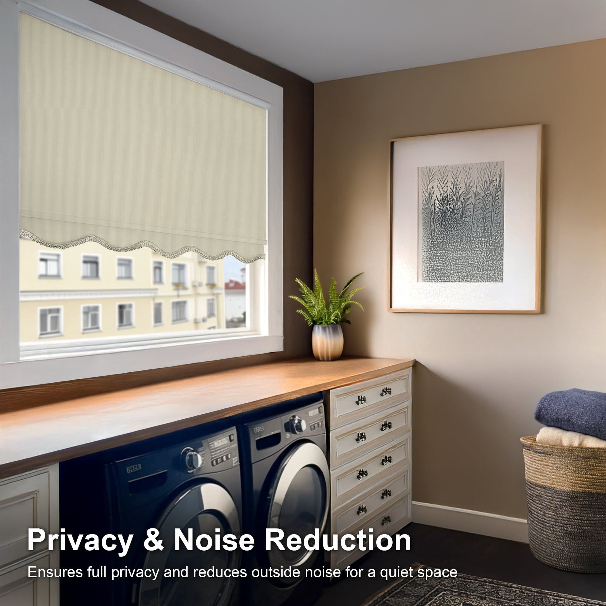 Chicology Textured Blackout Roller Shades with Fringe | Cordless Light Filtering Window Blinds |51"W X 64"H | Decorative Privacy Shades for Home & Office | Easy Install | Ivory
