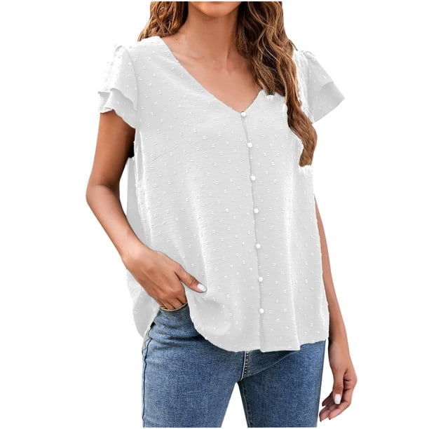 Moda mujer verano volantes manga corta Color sólido cuello en V blusa Casual Tops Fridja hjk5381
